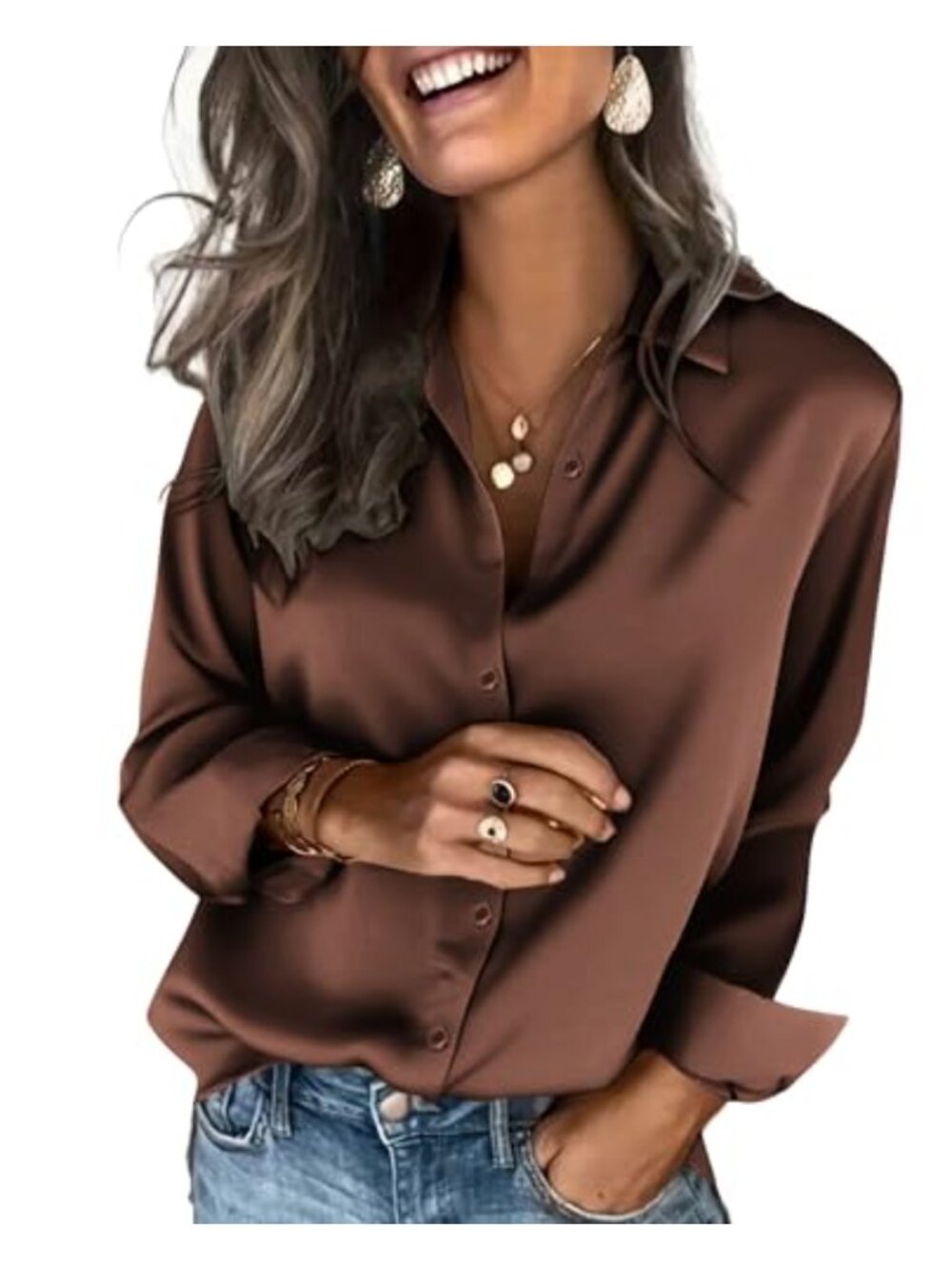 Satin Button Down Blouse Long Sleeve Business Casual Top